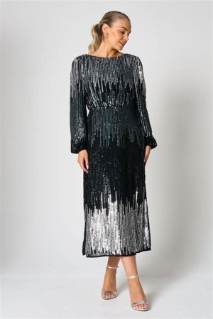 Black sequin midi dress with cap sleeves, offering a glamorous and festive choice for winter wedding guests.
